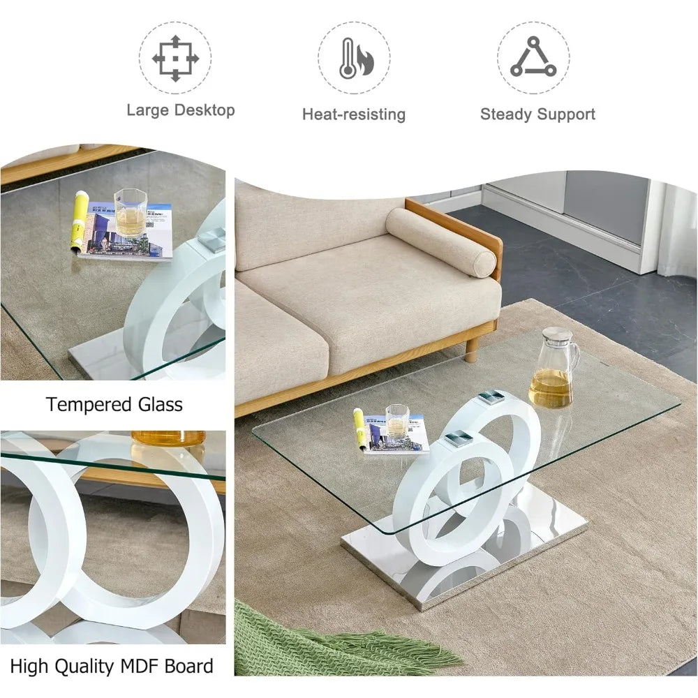 Glass Coffee Table, 47'' Modern Double MDF Leg and Silver Metal Bases