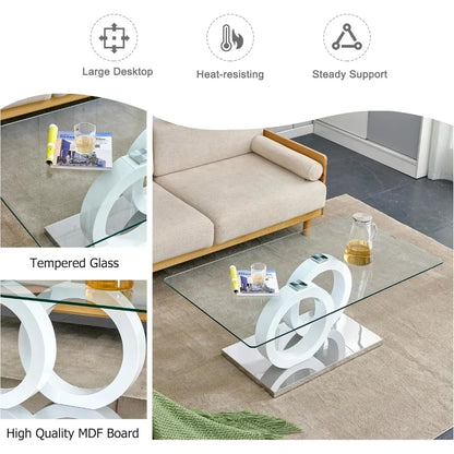Glass Coffee Table, 47'' Modern Double MDF Leg and Silver Metal Bases
