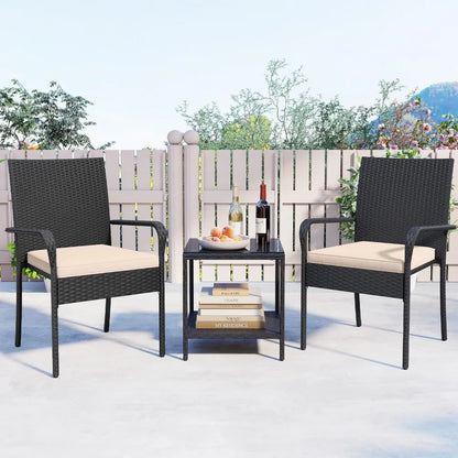 3 Pieces Patio Furniture Set, Cushioned Chairs with 2-Tier Tempered Glass Tabletop