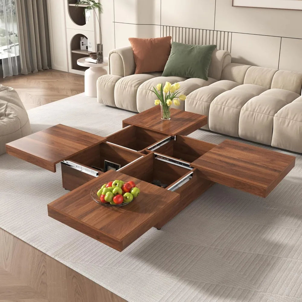 Square Marble Veneer Coffee Table with Sliding Top