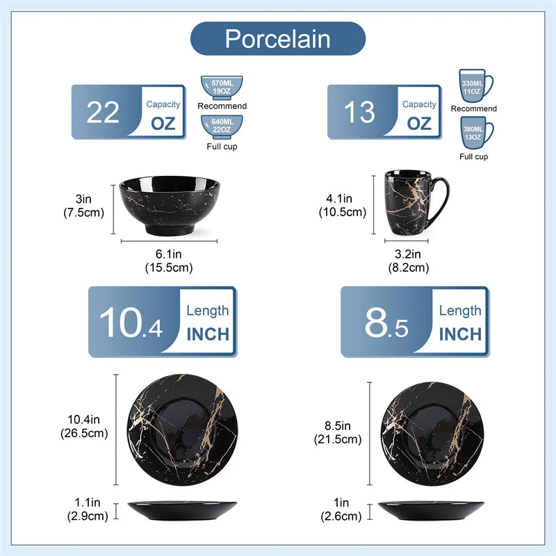 16Pcs Black Procelain Tableware Set