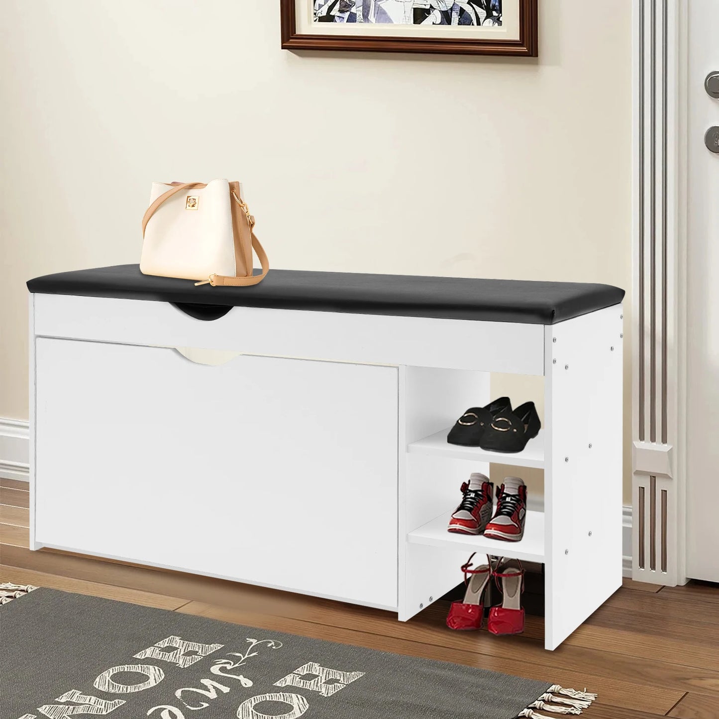 3-Tier Shoe Bench Rack W/Cushioned Seat, for Home Entrance