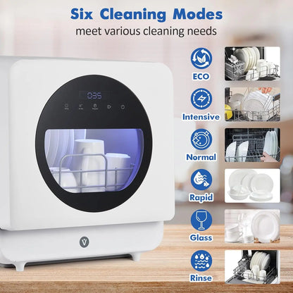 Countertop Port Mini Dishwasher with 6 Washing Programs, LED Light