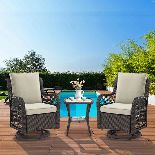 3-Piece Wicker Swivel Rocking Patio Set, 2 Chairs & Glass Table,