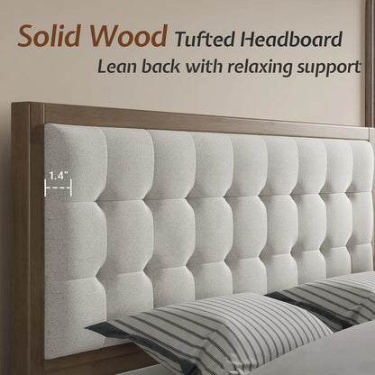 Wood Queen Size Bed Frame,Tall Upholstered Tufted Headboard,