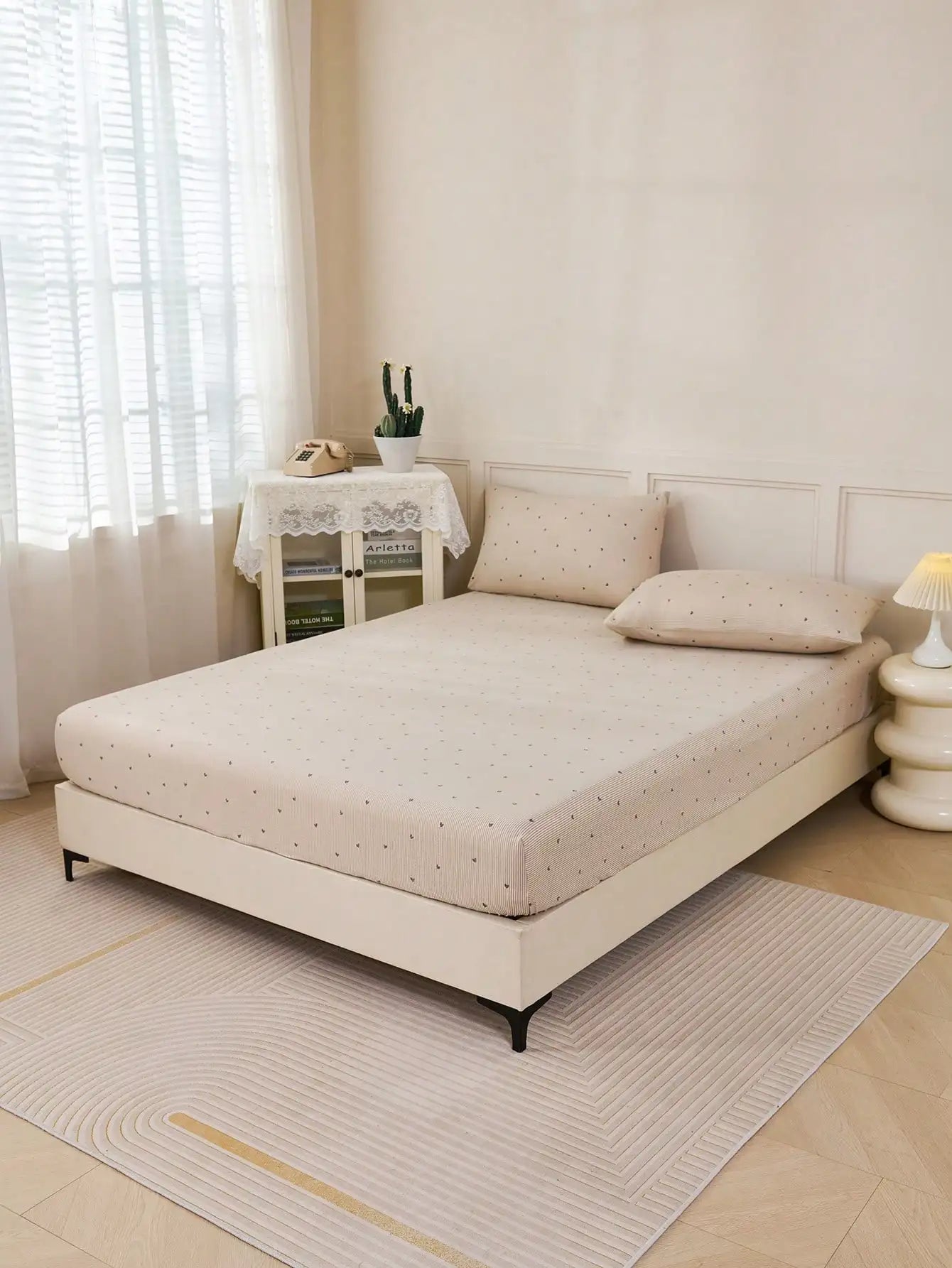2/3pcs Khaki Striped Heart & Geometric Print Bedding Set