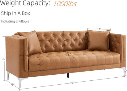 79" W Brown Faux Leather Sofa Couch with 2 Pillows