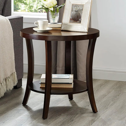 Contemporary Round End Table with Shelf, Espresso