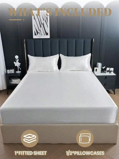 2/3pcs Satin Fitted Sheet Set with Pillowcases, Solid Color