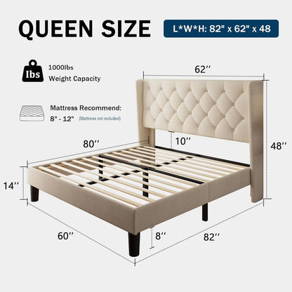 Queen Size Bed Frame with Button Tufted Upholstered Headboard