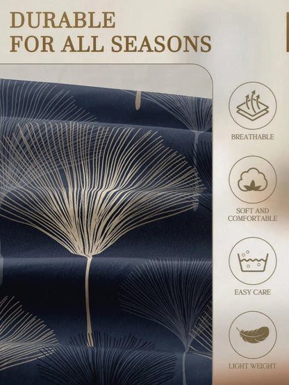 Navy Blue Ginkgo Leaf Print Fitted Sheet Set