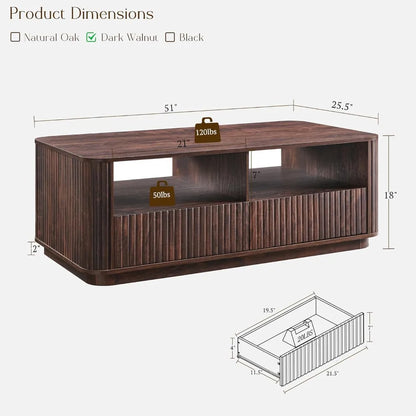 51" Modern Fluted Coffee Table with Storage, 2 Drawers