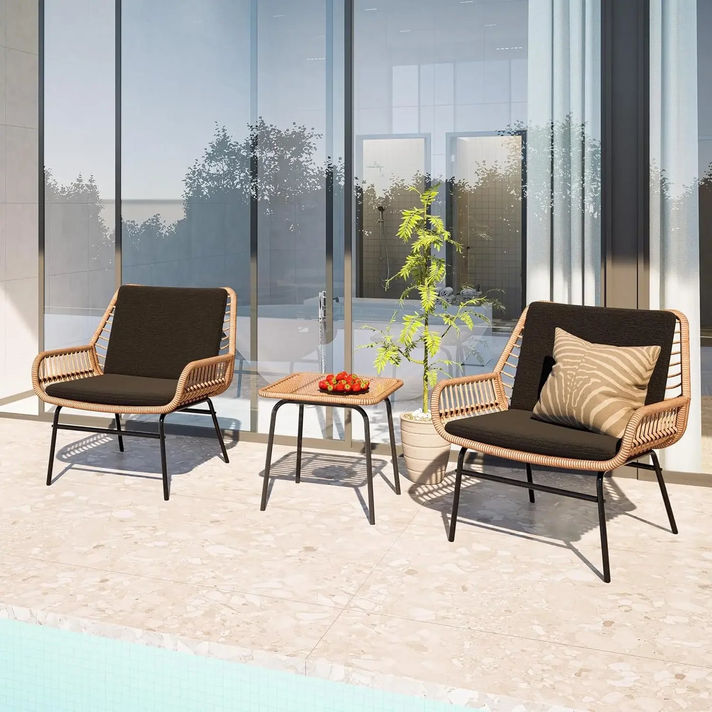 3 Piece Outdoor Patio Furniture Set,  Wicker Chairs with Cushions and Coffee Table,