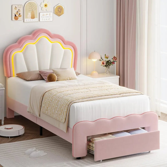 Twin Upholstered LED Bed Frame with Storage Drawer, Cute Girls Bed with Adjustable Lotus Headboard, Velvet Princess Plat