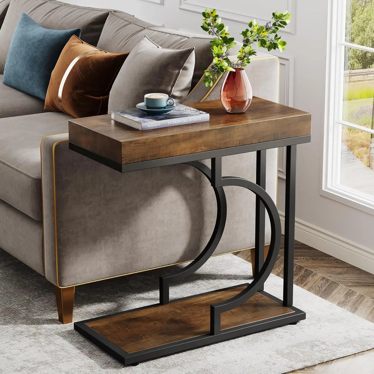 White Gold  C Shaped, Modern Small Side Table