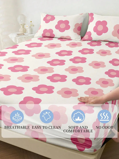 Pink Floral Print Fitted Sheet