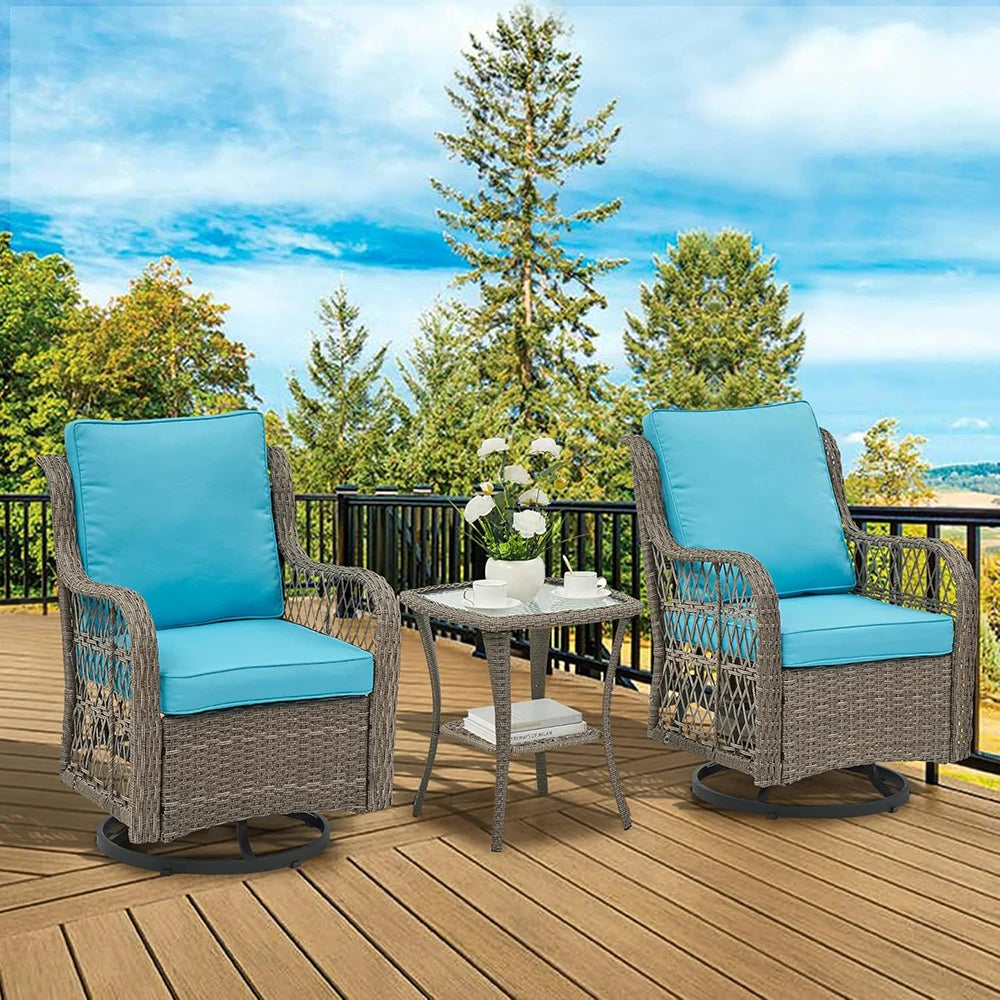 3-Piece Wicker Swivel Rocking Patio Set, 2 Chairs & Glass Table,