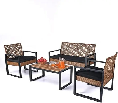 Wicker Patio Furniture, Set of 4, Acacia Wood Table, 2 Rattan Chairs, 1 Loveseat