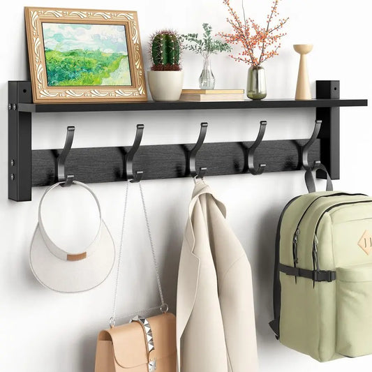Coat Rack Wall Mount with Shelf, with 5 Coat Hooks,