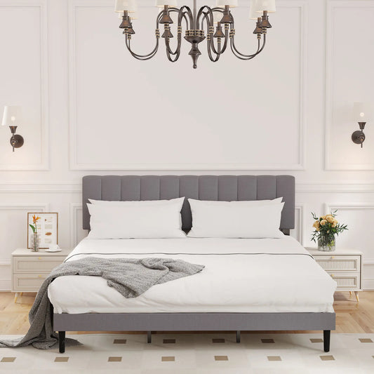 Wooden Solid Bed Frame with Fabric Upholstered
