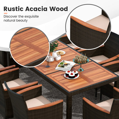 9PCS Patio Wicker Dining Set, Acacia Wood Table Top