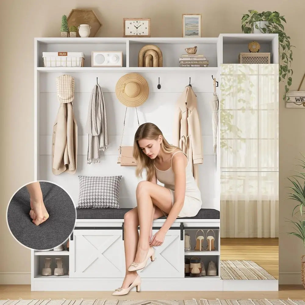Hall Tree with Bench and Shoe Storage, Entryway Coat Rack