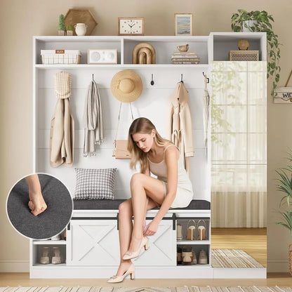 Hall Tree with Bench and Shoe Storage, Entryway Coat Rack