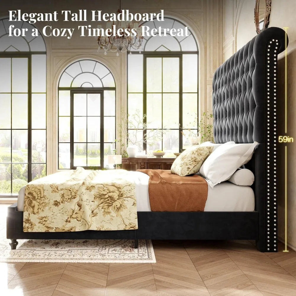 Queen Size Bed Frame with Velvet Headboard, Handcrafted Tufted Design