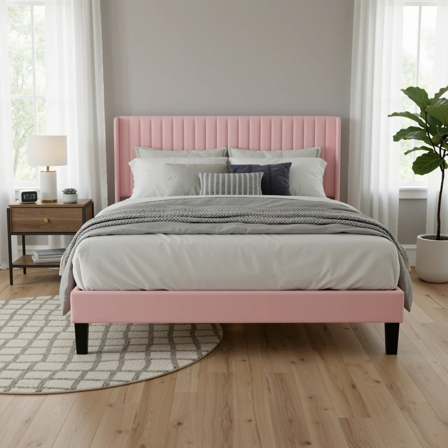 Velvet Upholstered Bed Frame with Vertical Channel Tufted Wingback Headboard