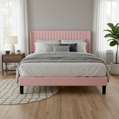 Velvet Upholstered Bed Frame with Vertical Channel Tufted Wingback Headboard