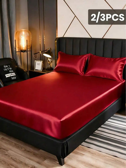 2/3pcs Satin Fitted Sheet Set with Pillowcases, Solid Color