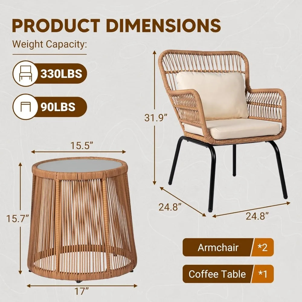3 Piece Outdoor Wicker Bistro Set, Patio Conversation Sets