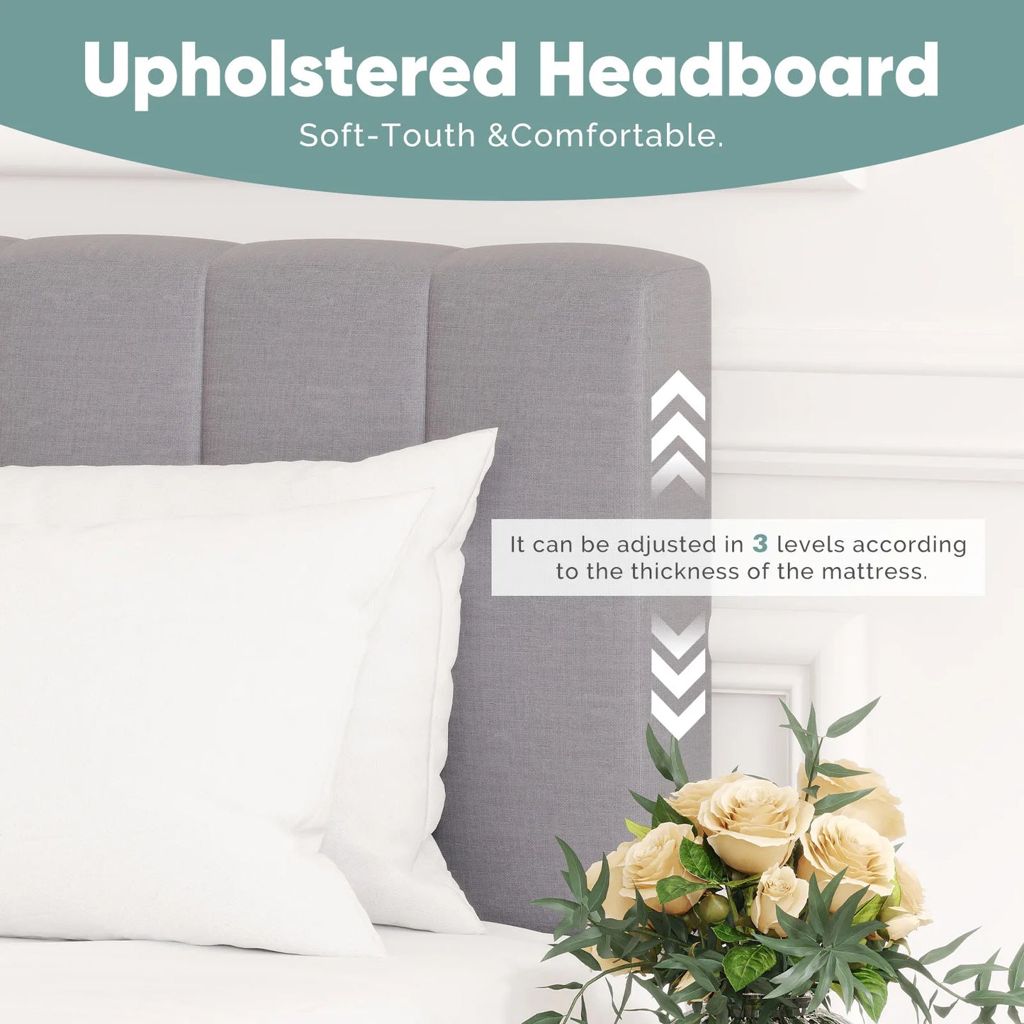 Wooden Solid Bed Frame with Fabric Upholstered