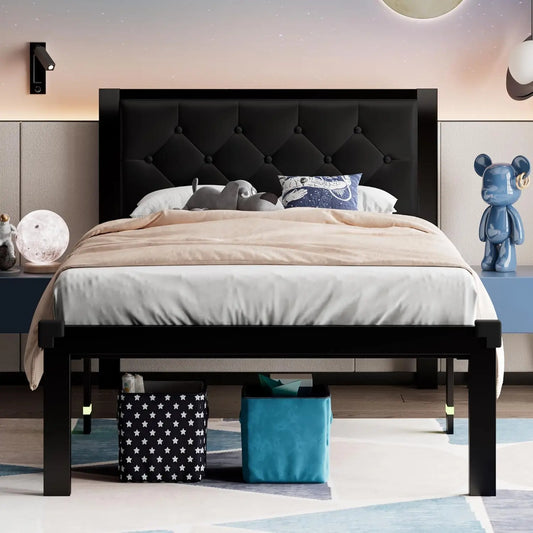Twin Size Metal Bed Frame with Faux Leather Headboard