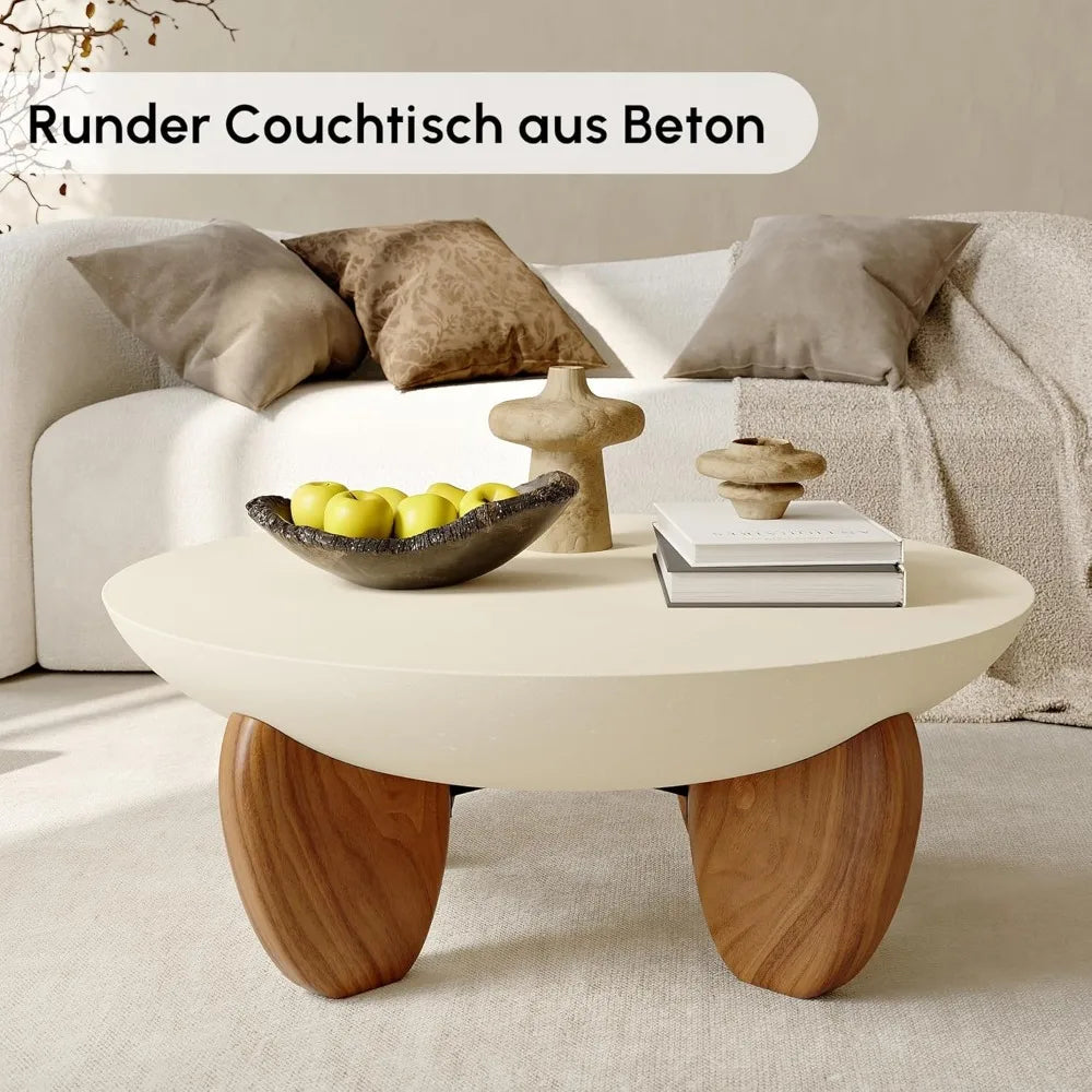 Round Concrete Coffee Table with Premium Walnut Ash Wood Legs