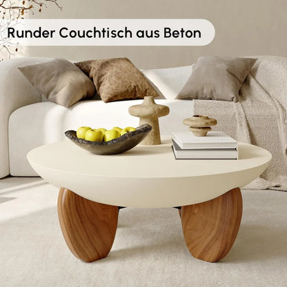 Round Concrete Coffee Table with Premium Walnut Ash Wood Legs