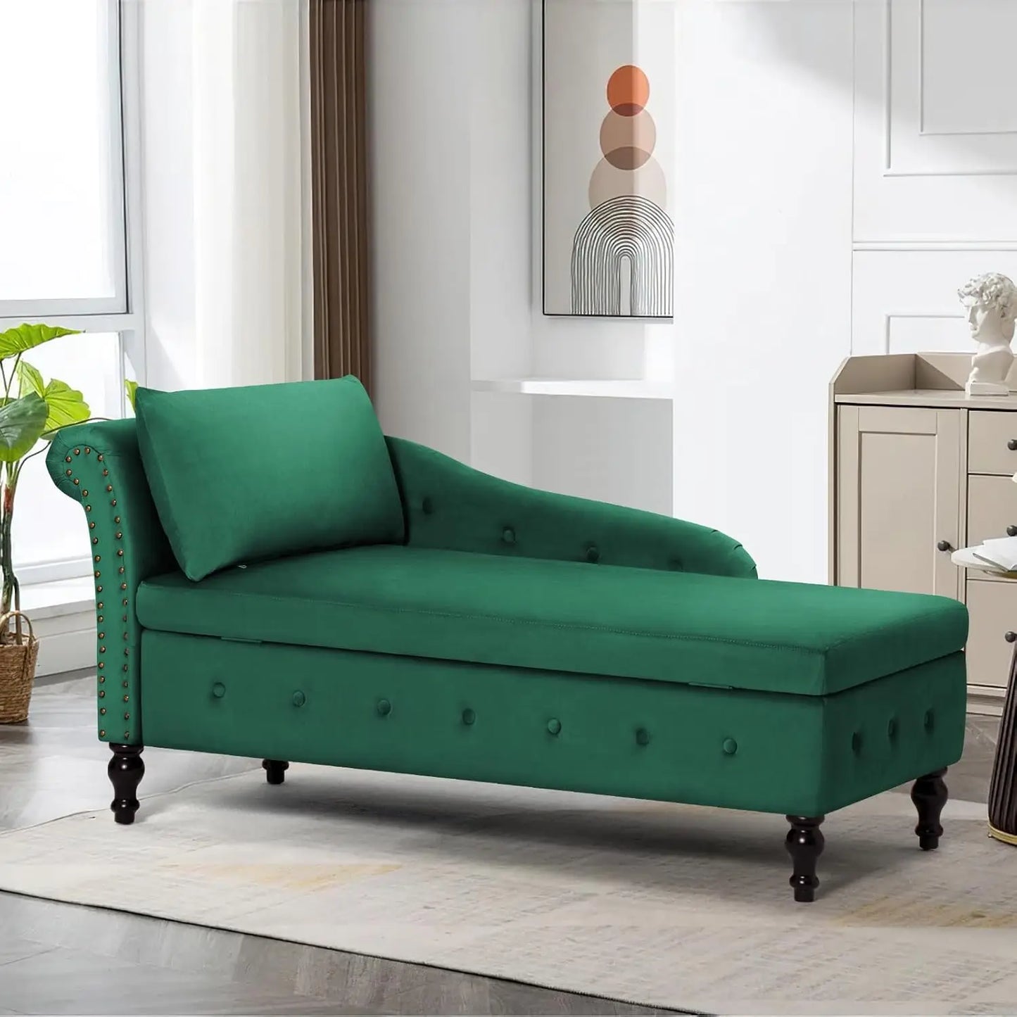 Velvet Chaise Lounge with Left Armrest, Lumbar Pillow Modern