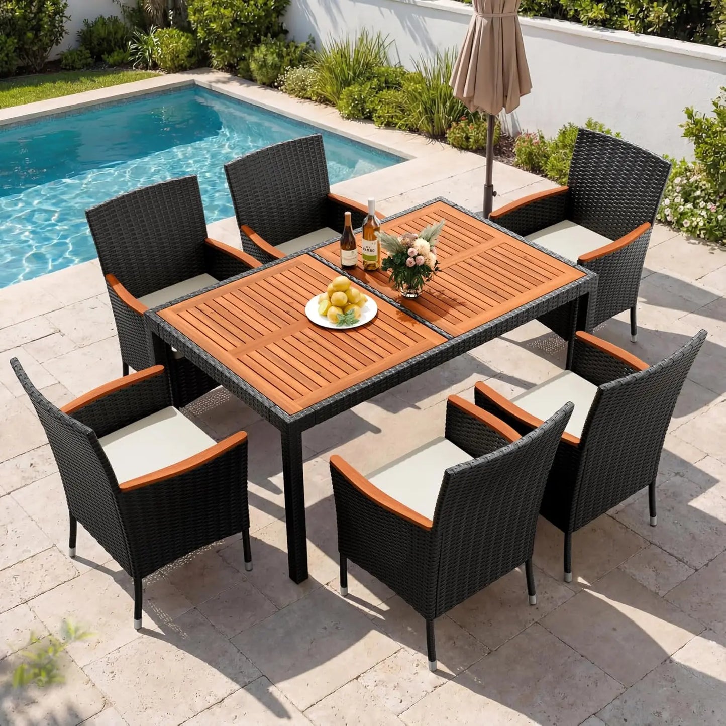 7 PCS Patio Furniture Set with Acacia Wood Table Top