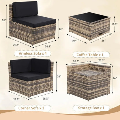 8 Piece Outdoor Wicker Patio Furniture Sectional Set, Glass Top Table