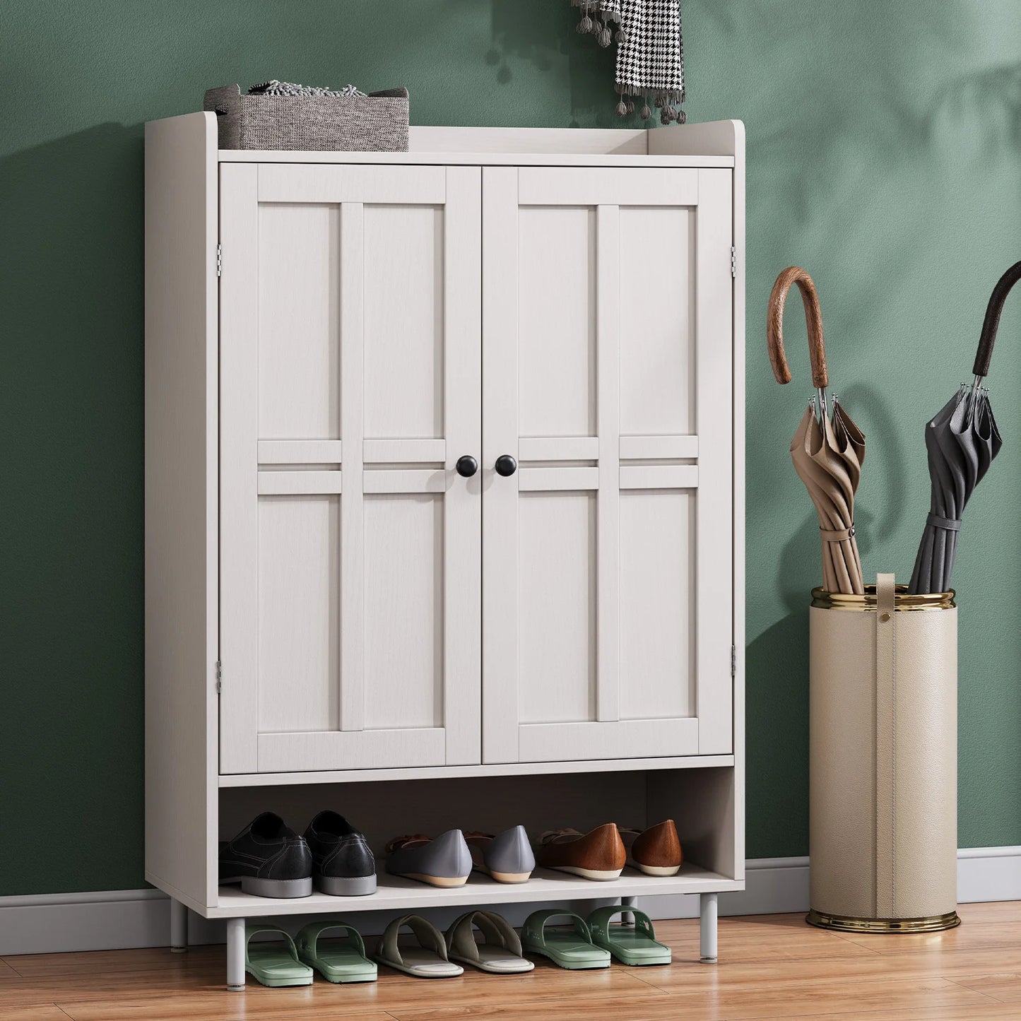 45'' Shoe Cabinet Storage for Entryway, 6-Tier Farmhouse Shoe Storage Cabinet with Cross Molding Doors and 3 Adjustable Shelves