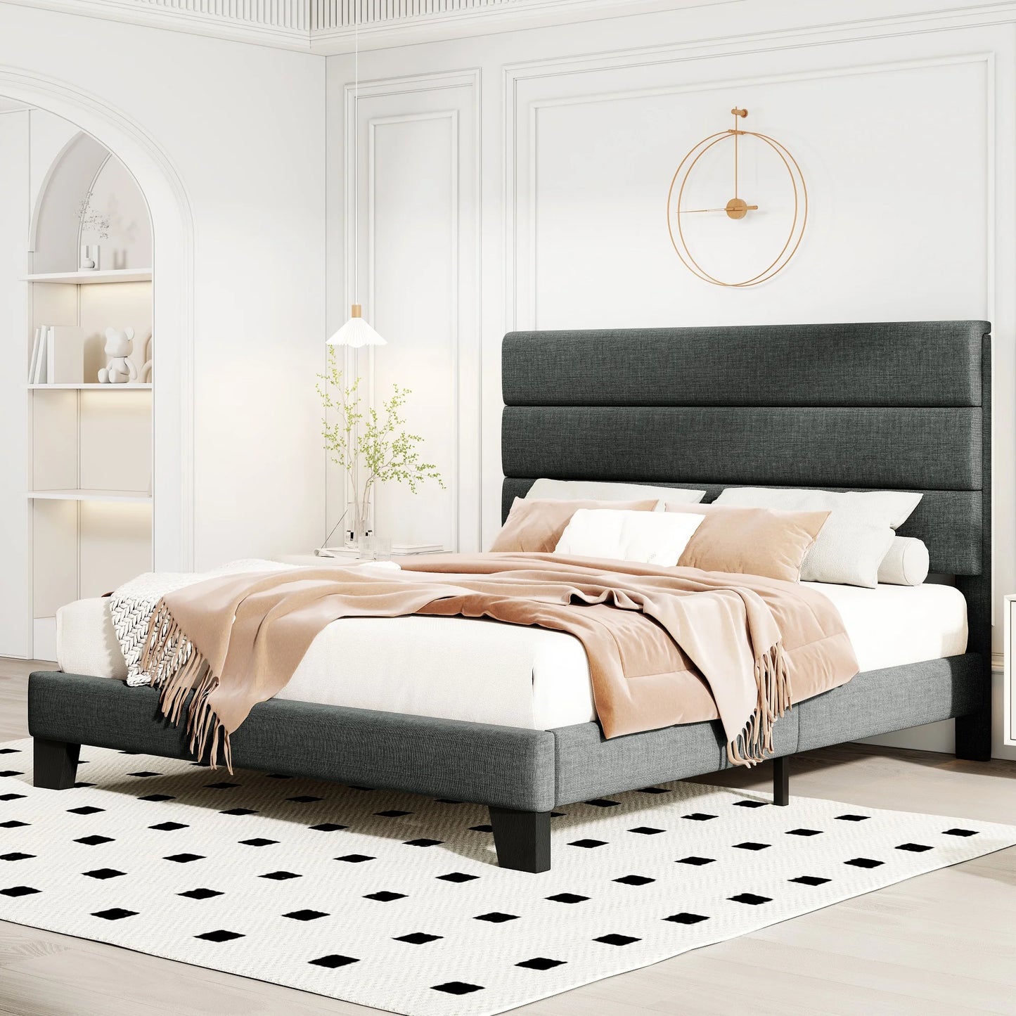 Bed Frame with Headboard, Fabric Platform Bed