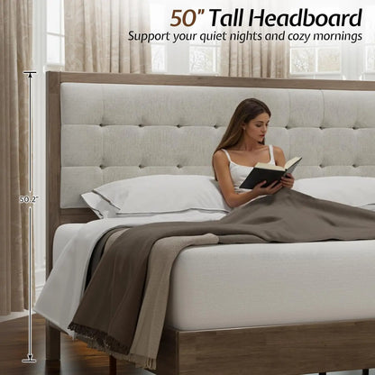 Wood Queen Size Bed Frame,Tall Upholstered Tufted Headboard,