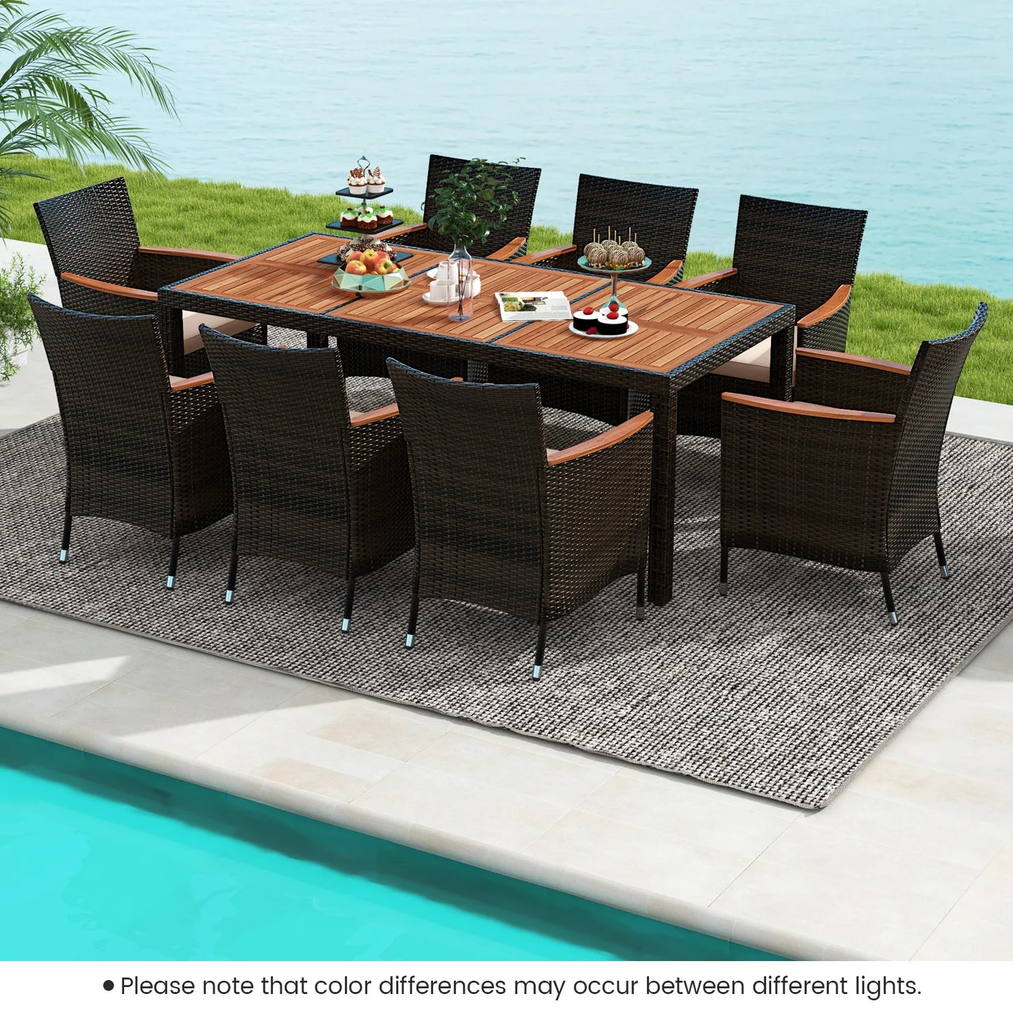 9PCS Patio Wicker Dining Set, Acacia Wood Table Top
