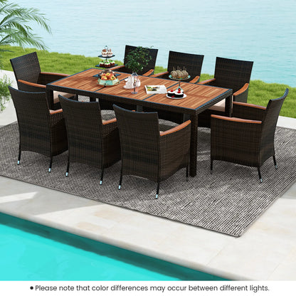 9PCS Patio Wicker Dining Set, Acacia Wood Table Top
