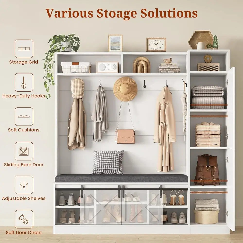 Hall Tree with Bench and Shoe Storage, Entryway Coat Rack