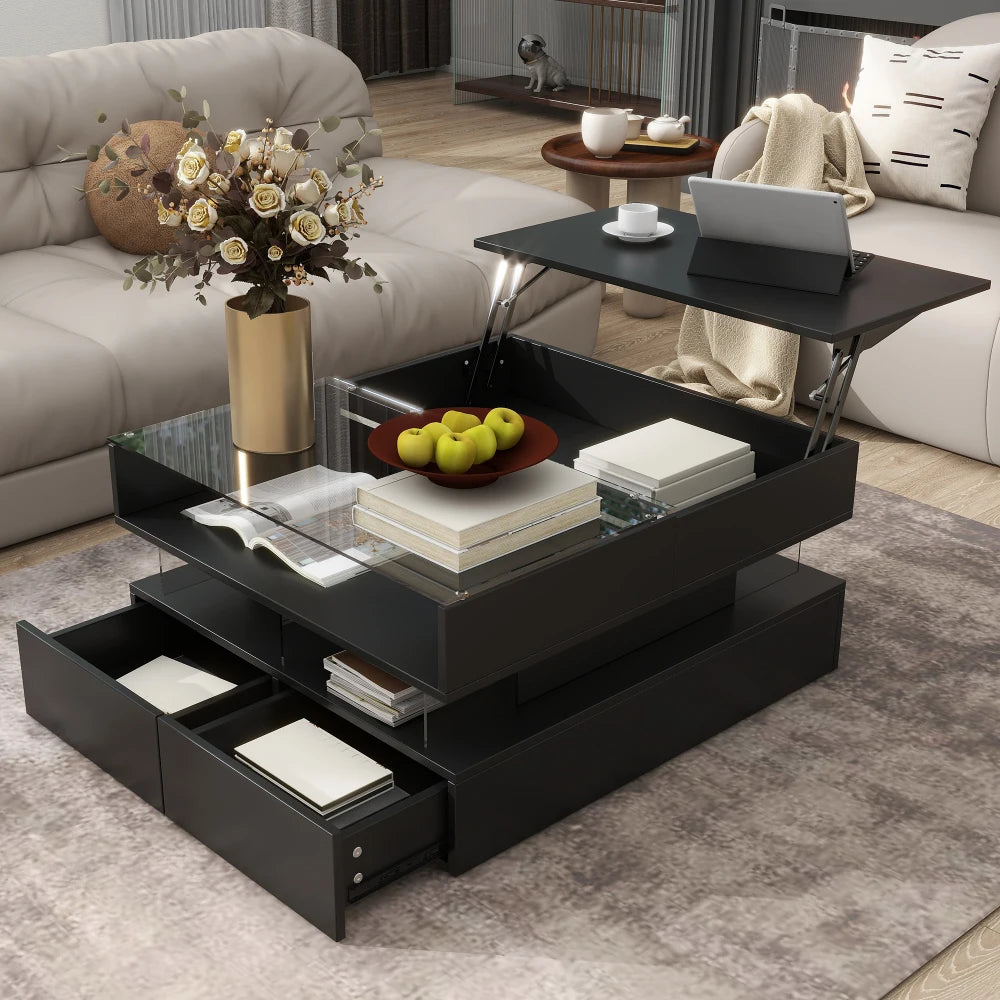 Lift-Top Coffee Table with 2 Drawers, Modern