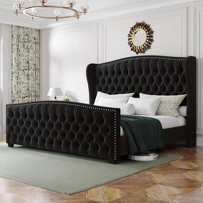 Wingback Platform Bed Frame with Tufted Headboard