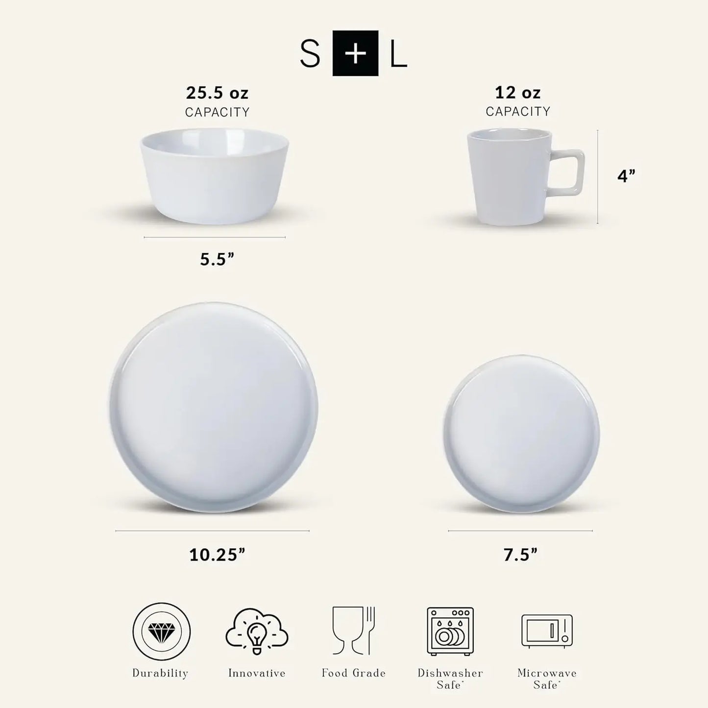 16-Piece Dinnerware Set for 4, White Glossy Plates and Bowls Set,