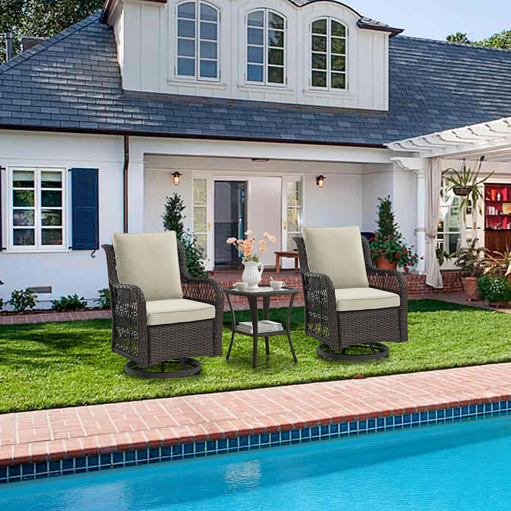 3-Piece Wicker Swivel Rocking Patio Set, 2 Chairs & Glass Table,