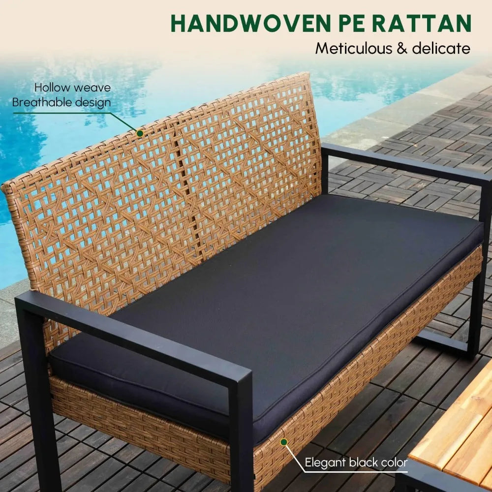 Wicker Patio Furniture, Set of 4, Acacia Wood Table, 2 Rattan Chairs, 1 Loveseat